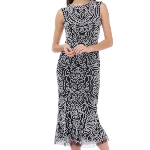 JS COLLECTIONS Beaded Sleeveless Jewel Neck Flare & Flounce Dress Black & White